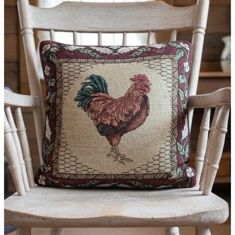 Vintage Rooster Tapestry Pillow 15x15 Farmhouse Chicken Decor Cushion Accent Pad - Picture 1 of 10